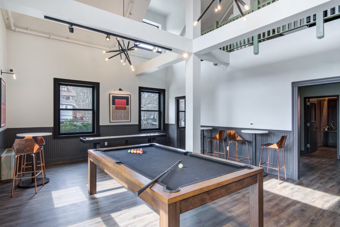 Game room with a pool table and a bar at Windsor Radio Factory, Melrose, MA