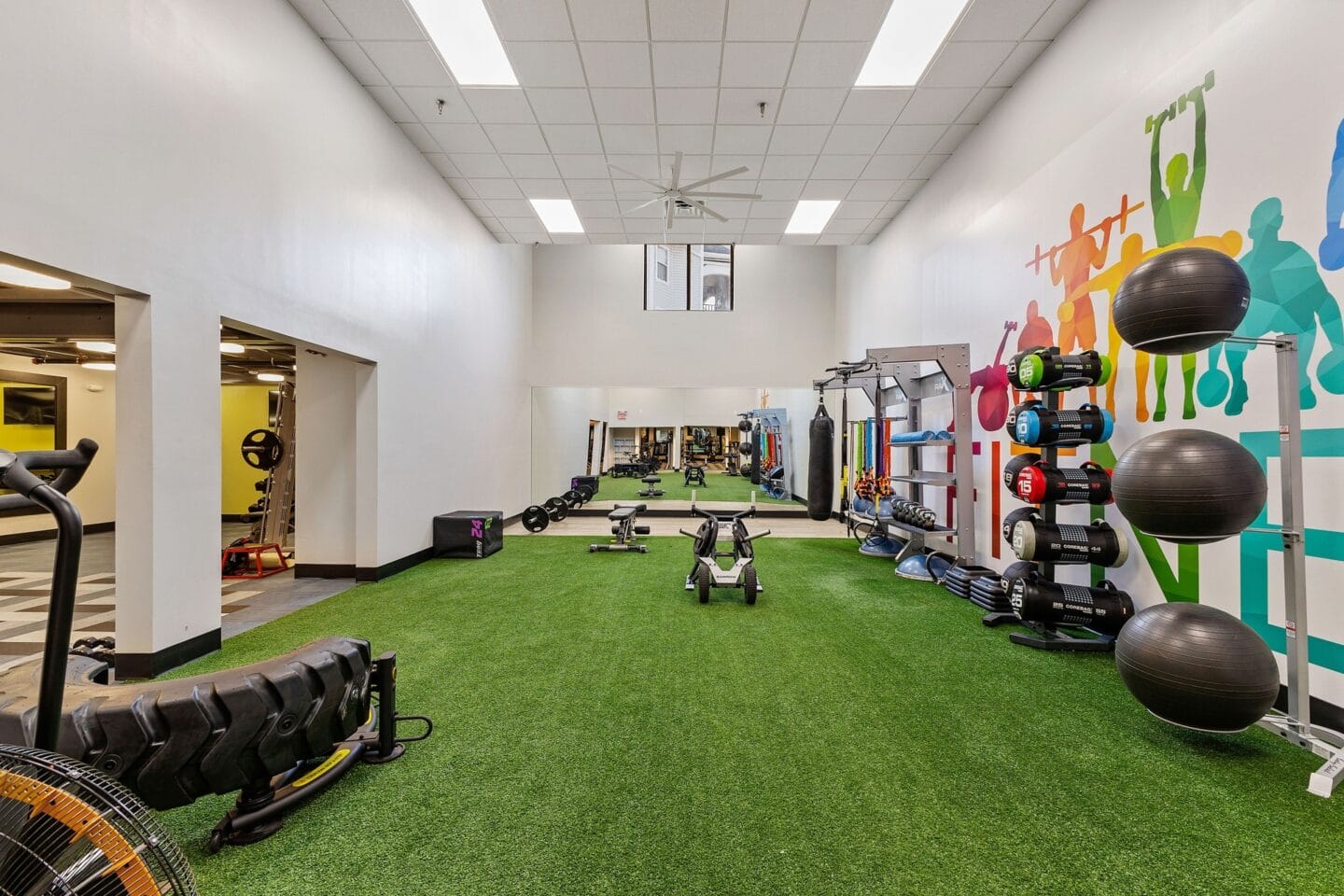 a gym with a green carpet floor and weights and cardio equipment on it