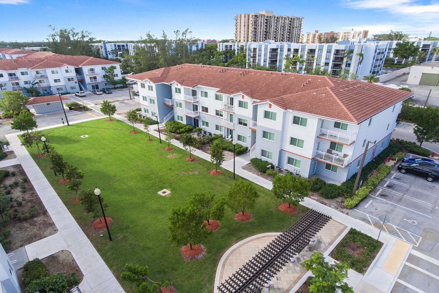 Aerial view of a large grassy area at Windsor Biscayne shores in North Miami