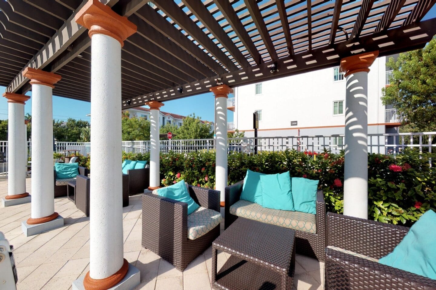 Lounging Area with pergola with seating area at Windsor Biscayne Shores, Apartments for rent in North Miami