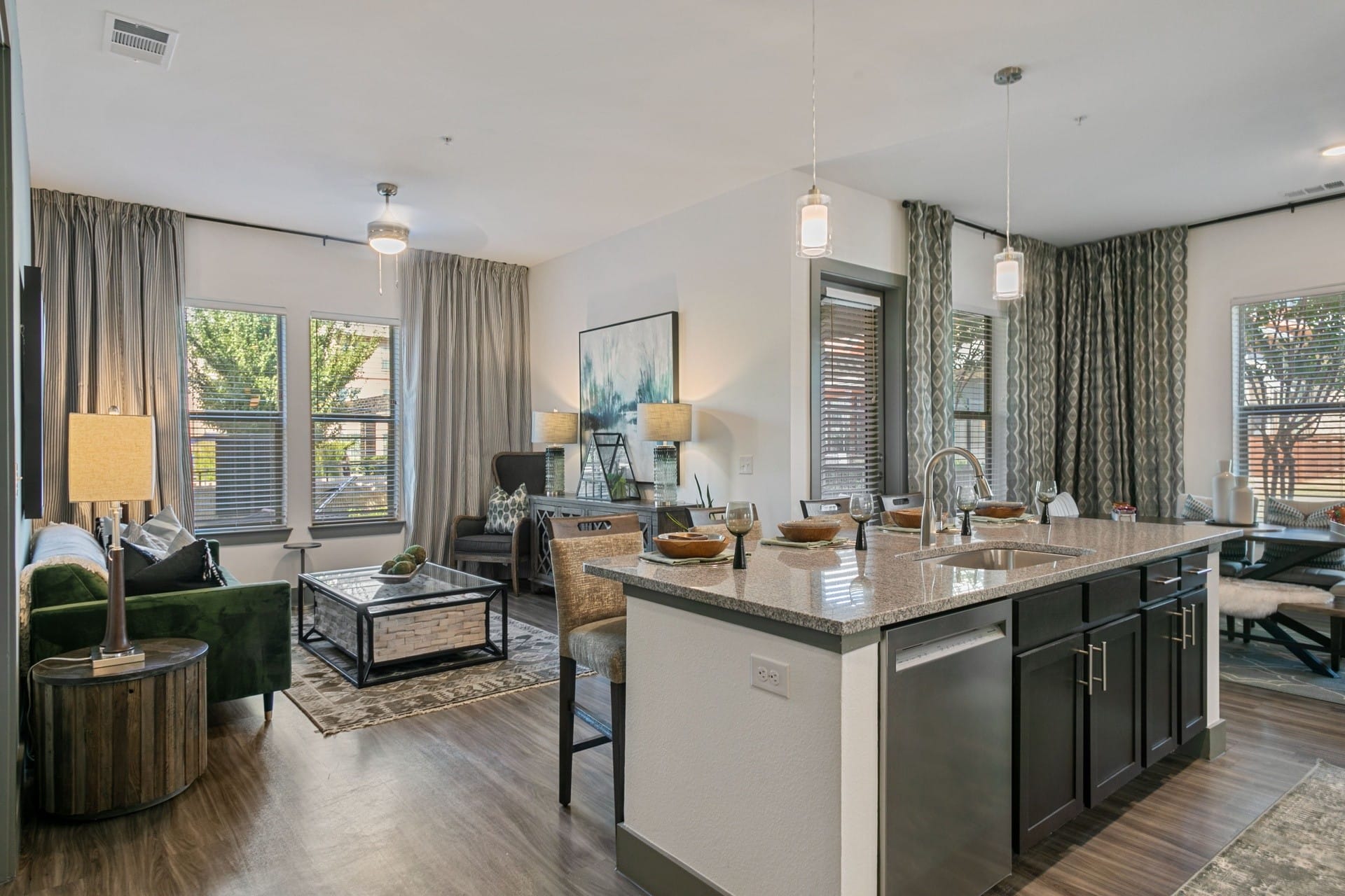 Living room and kitchen at The Lakeyard District