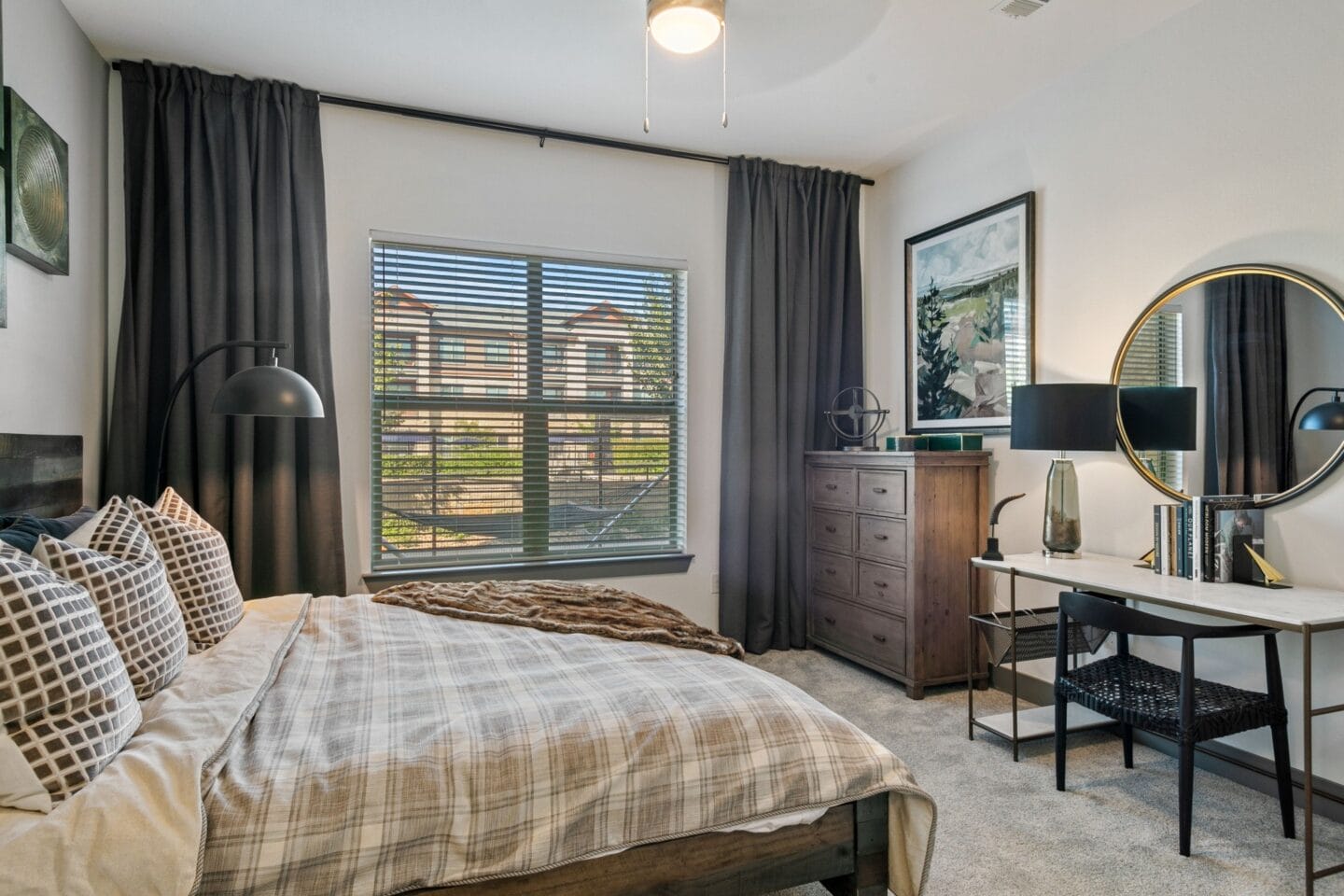 Decorated bedroom at The Lakeyard District