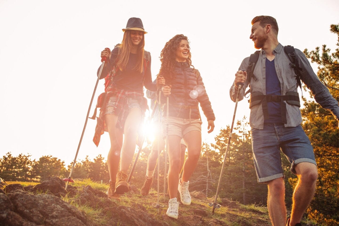 a group of people walking up a hill with trekking poles