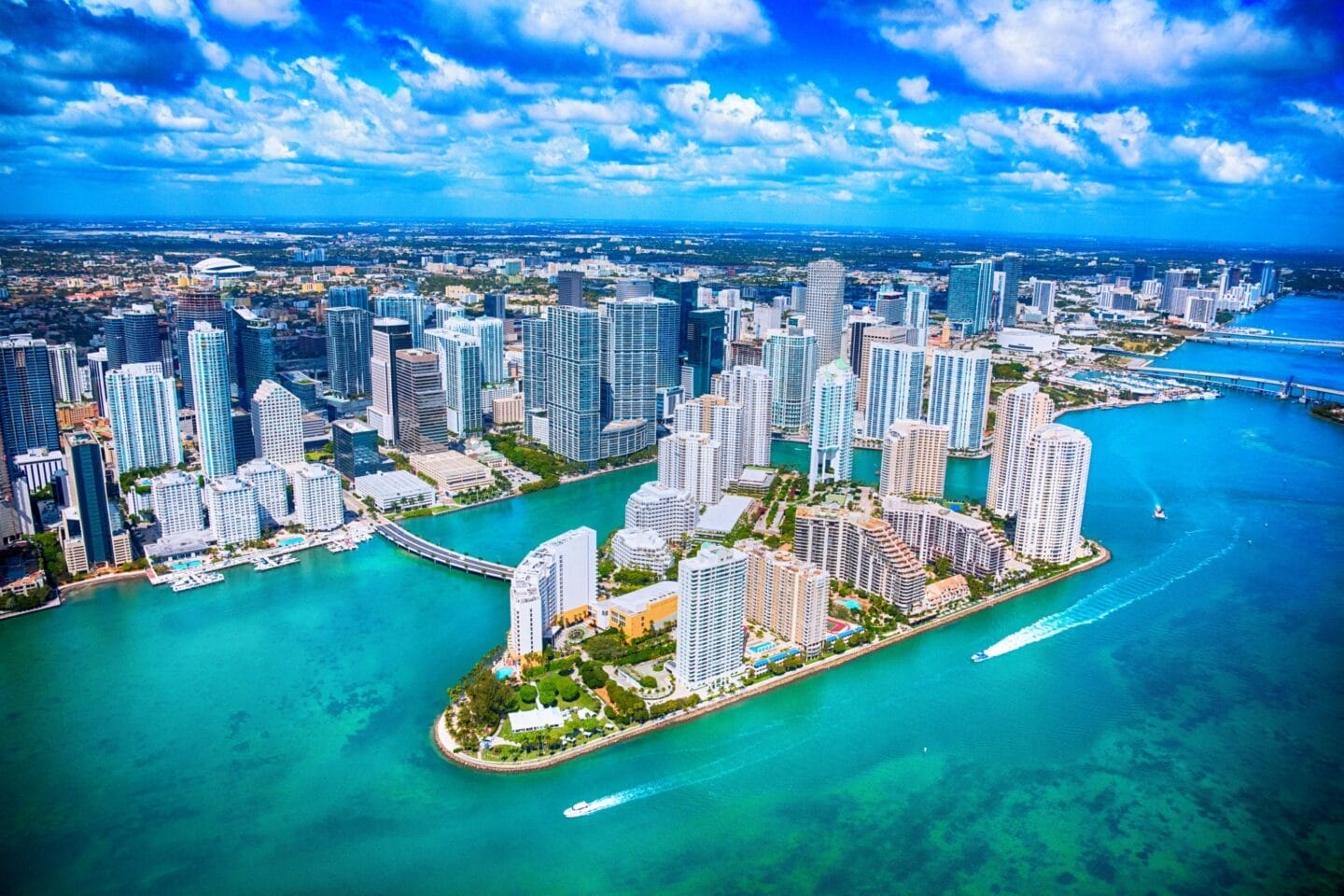 Aerial view of the miami skyline and biscayne bay near Windsor Ludlam Trail in Miami, FL.