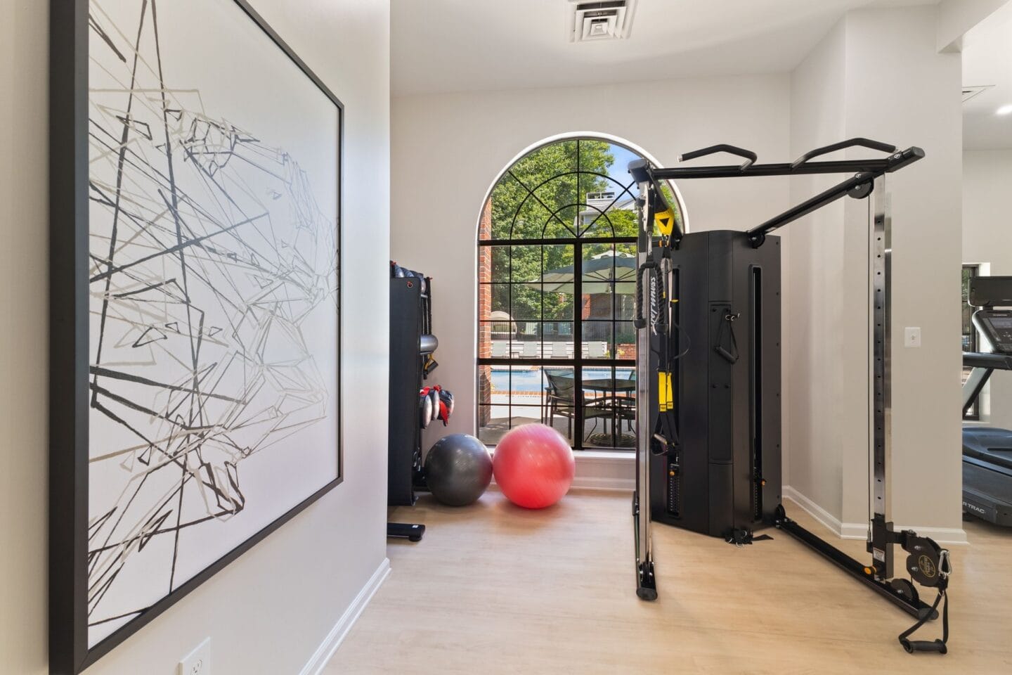 a home gym with exercise equipment and a painting on the wall