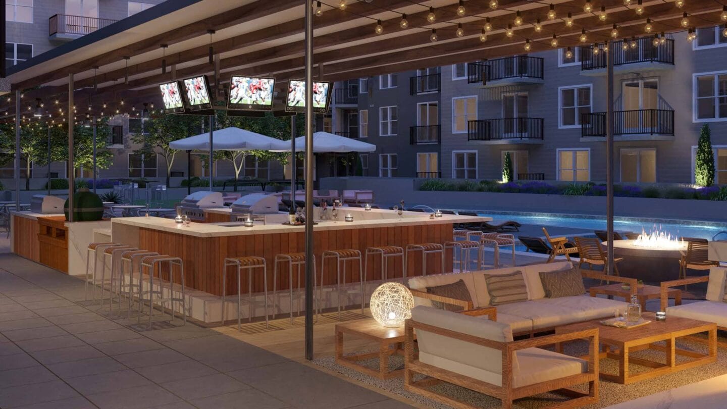 a rendering of a pool area at night with chairs and umbrellas