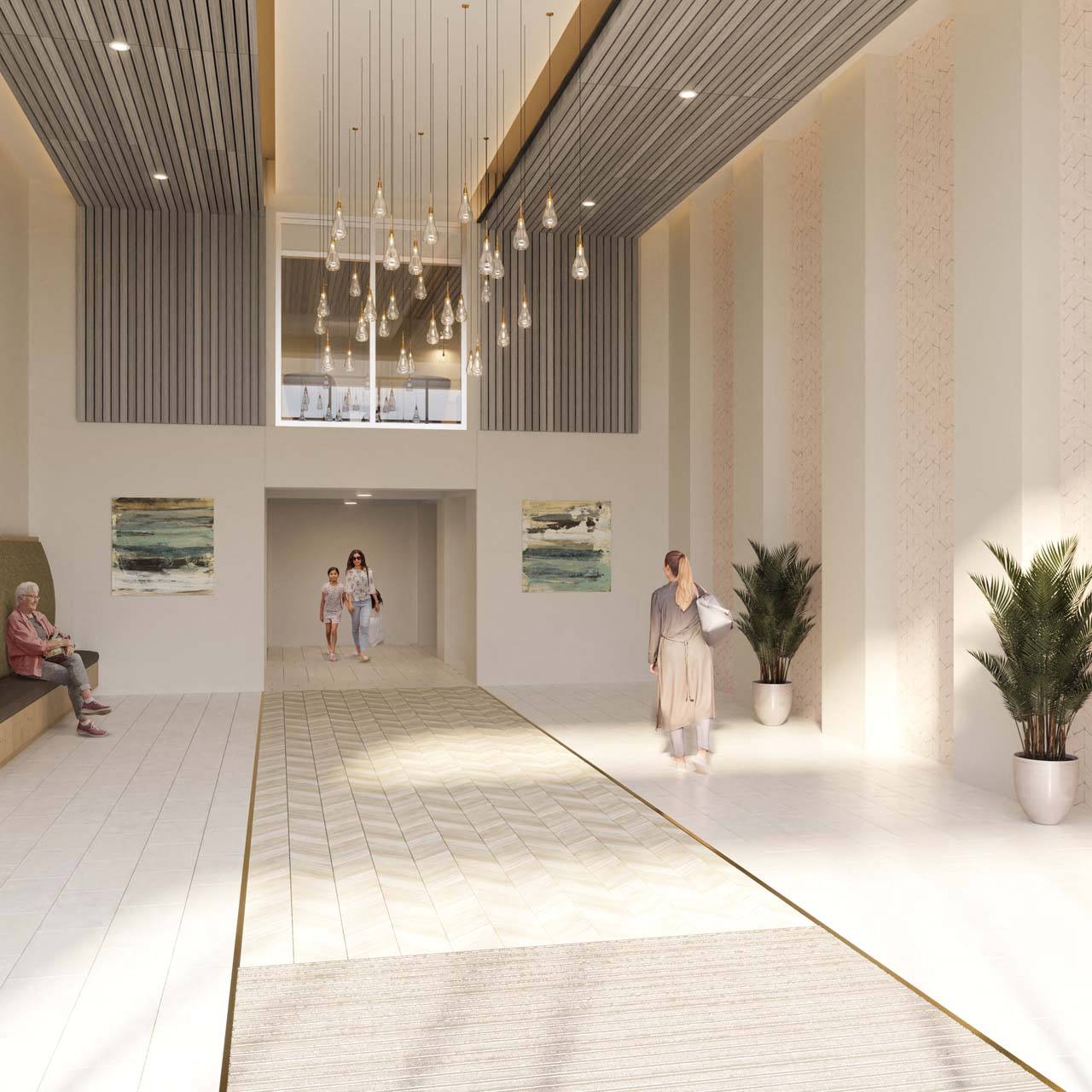 a rendering of the lobby of aria on the avenue