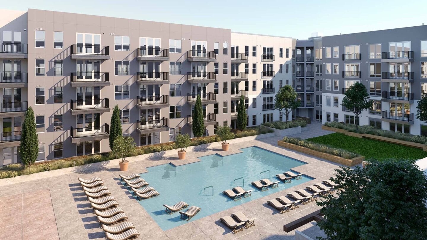 a rendering of an apartment building with a swimming pool