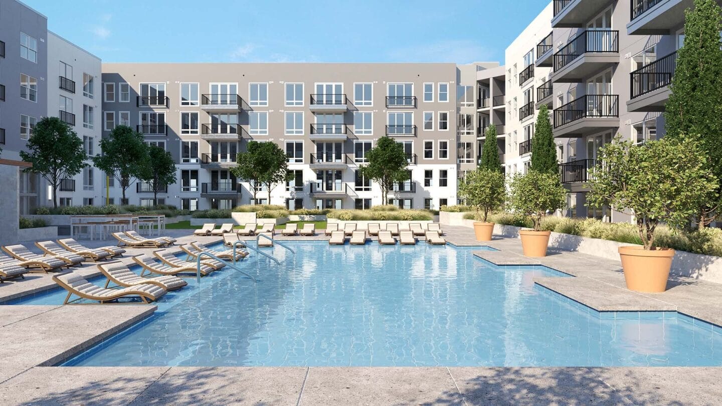 an rendering of an apartment building with a swimming pool