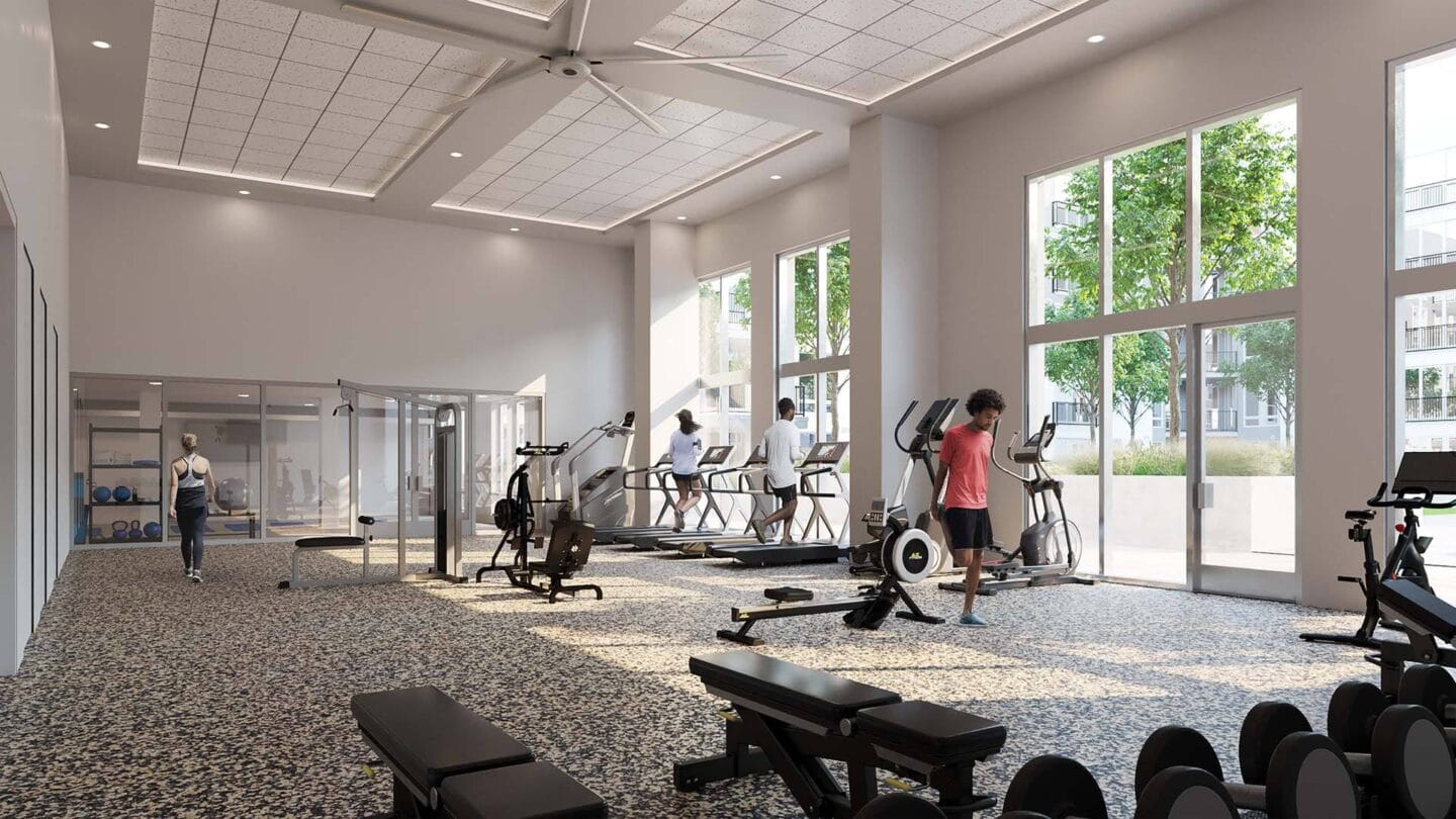 a rendering of a gym with people working on exercise equipment