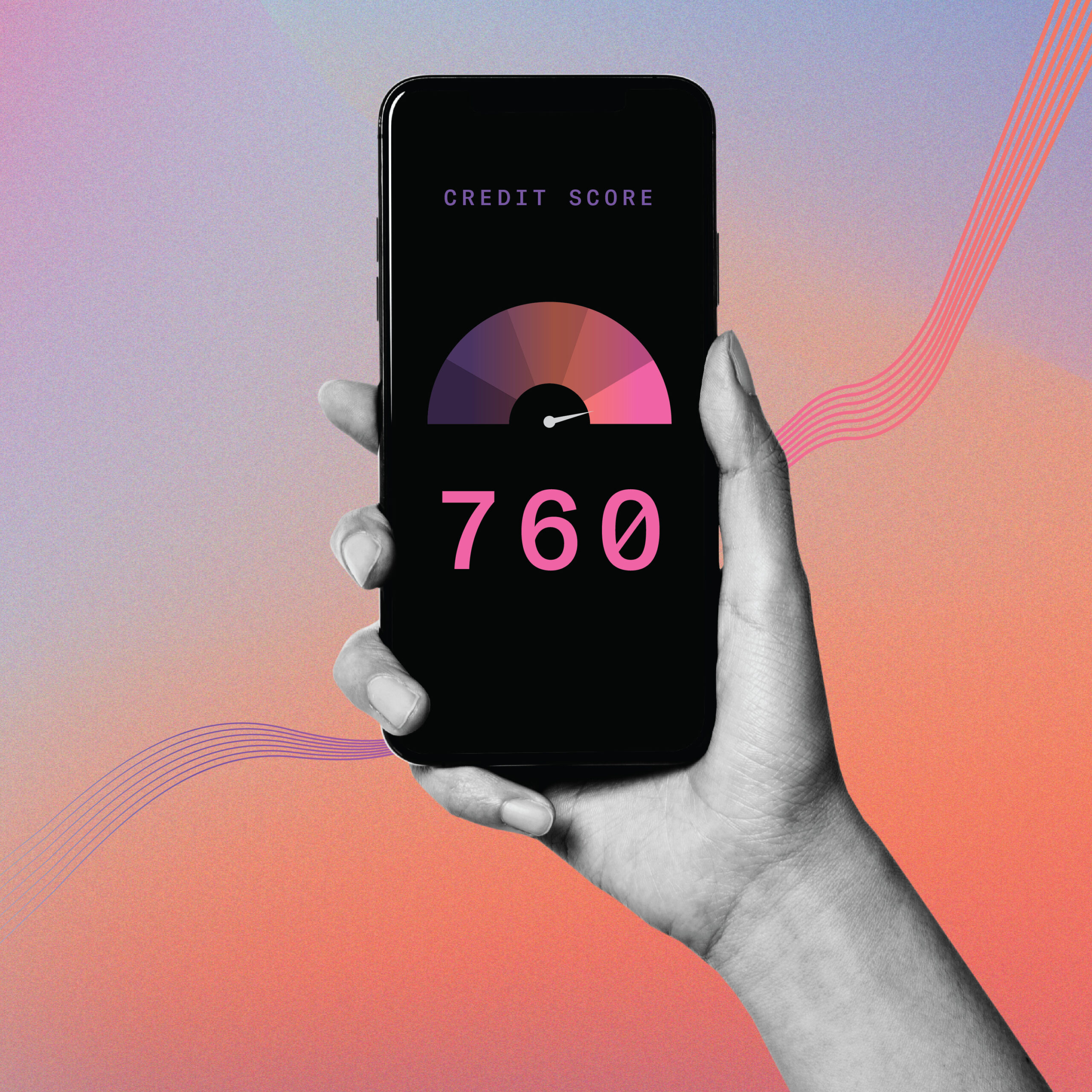 A hand holding a mobile phone displaying a credit score on the screen