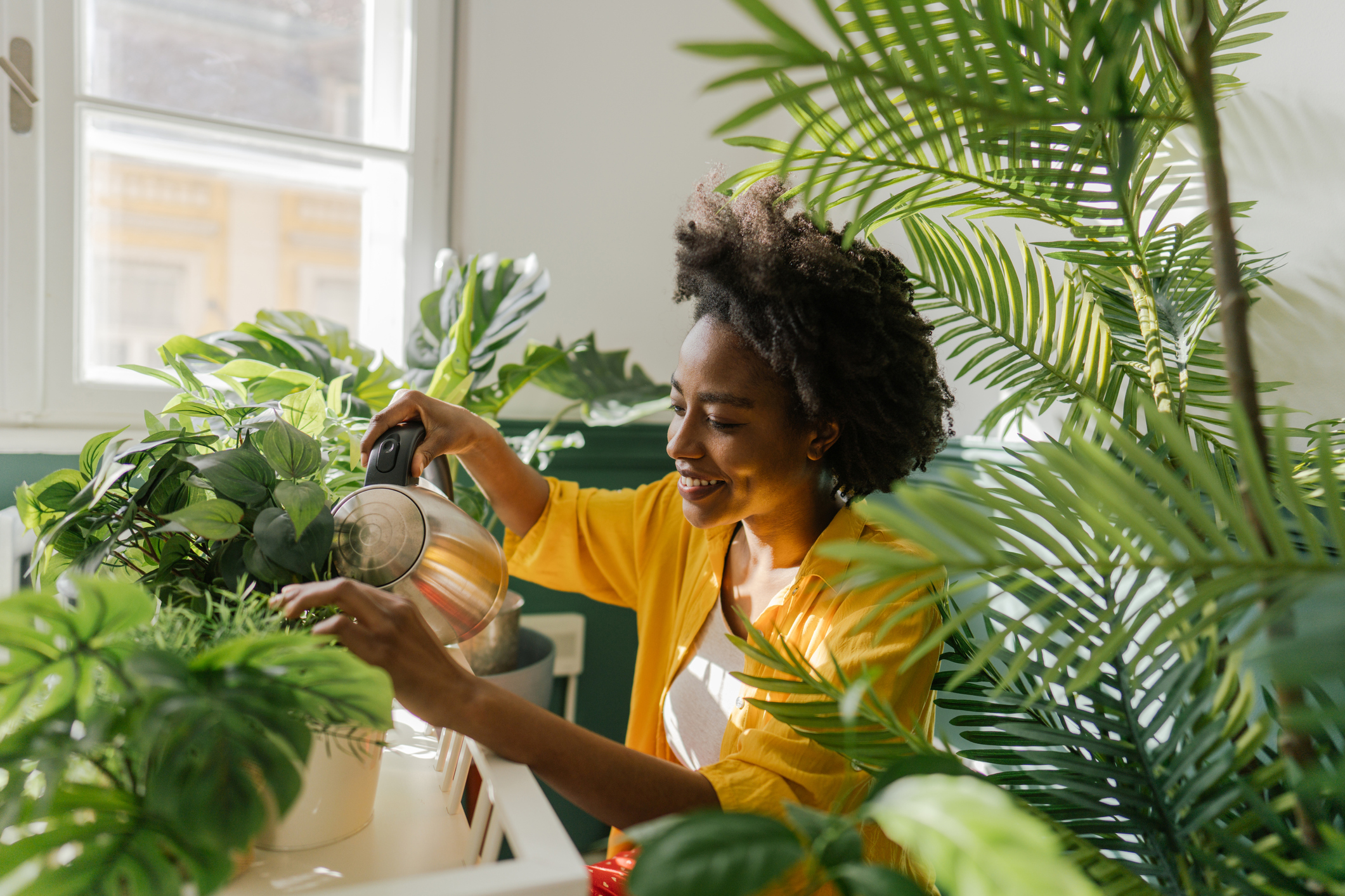 A woman tends to her houseplants, watering them gently in a warm and inviting living space.