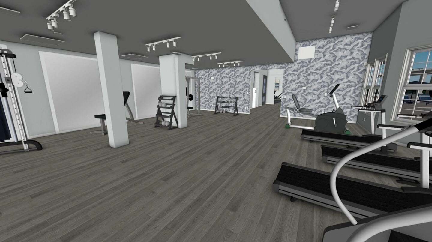 a 3d virtual view of a gym with cardio equipment