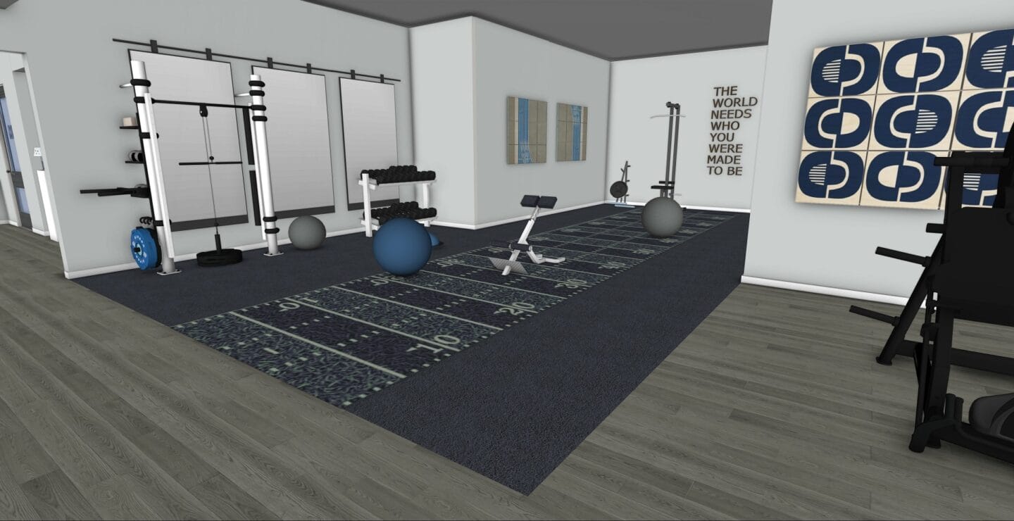 a virtual view of a fitness room with exercise equipment and a rug