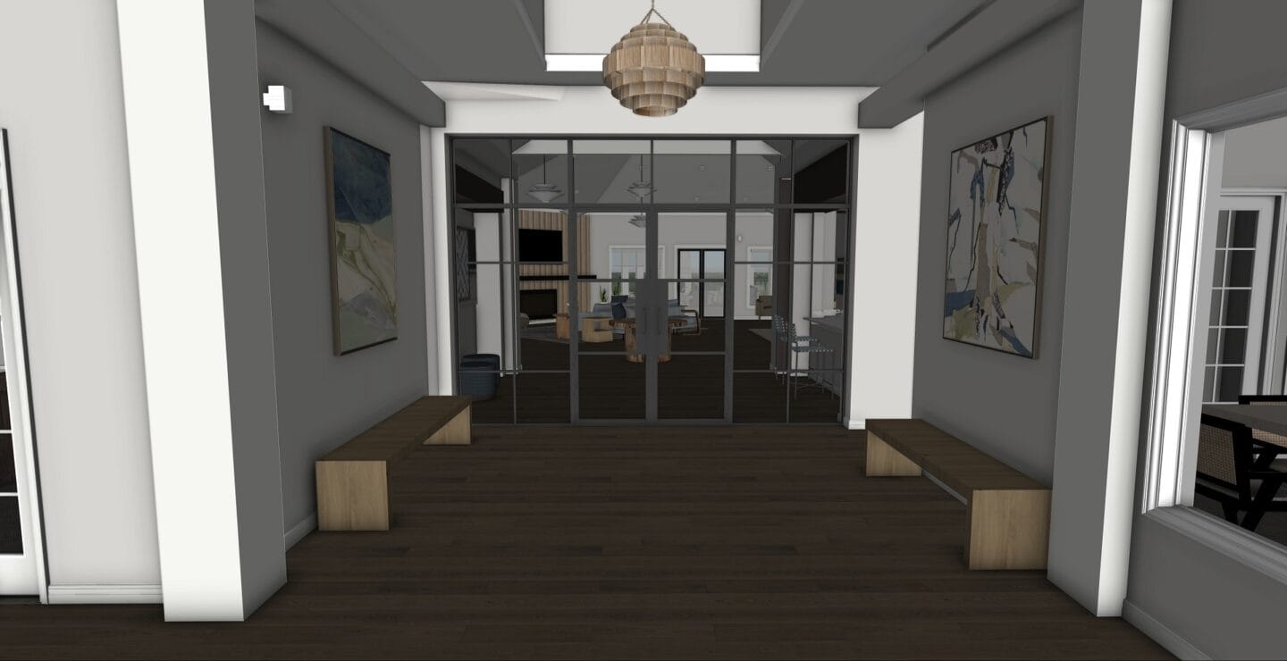 a rendering of a hallway with glass doors and a table and chairs