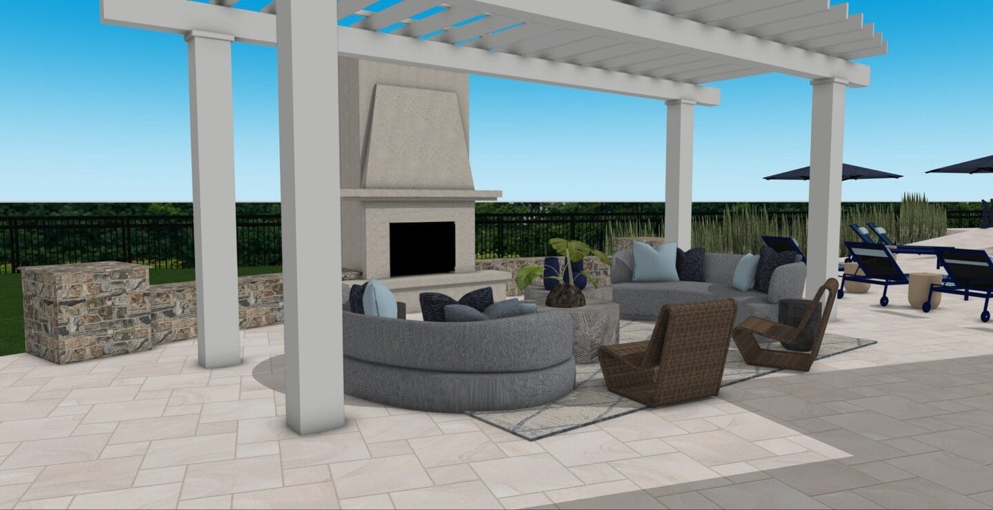 a rendering of a patio with couches and a fireplace