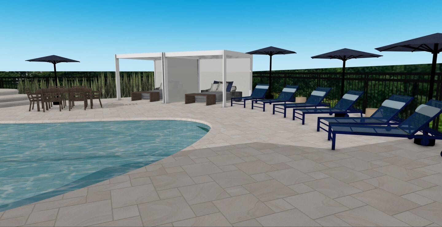 a rendering of a pool with blue lounge chairs and umbrellas around it