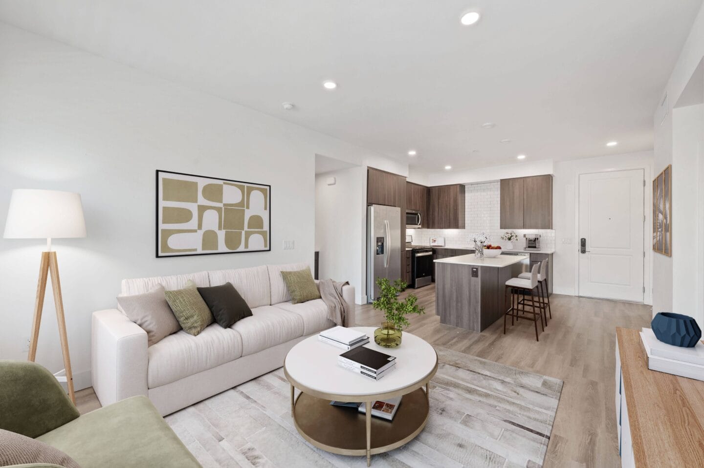 a living room with a couch and a table