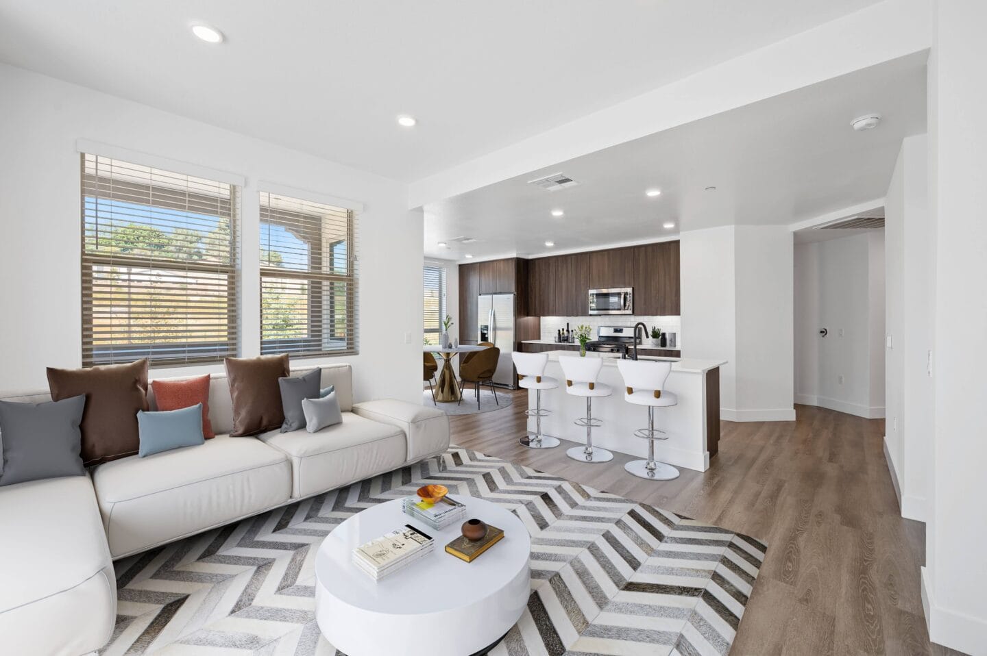 a living room with a couch and a table