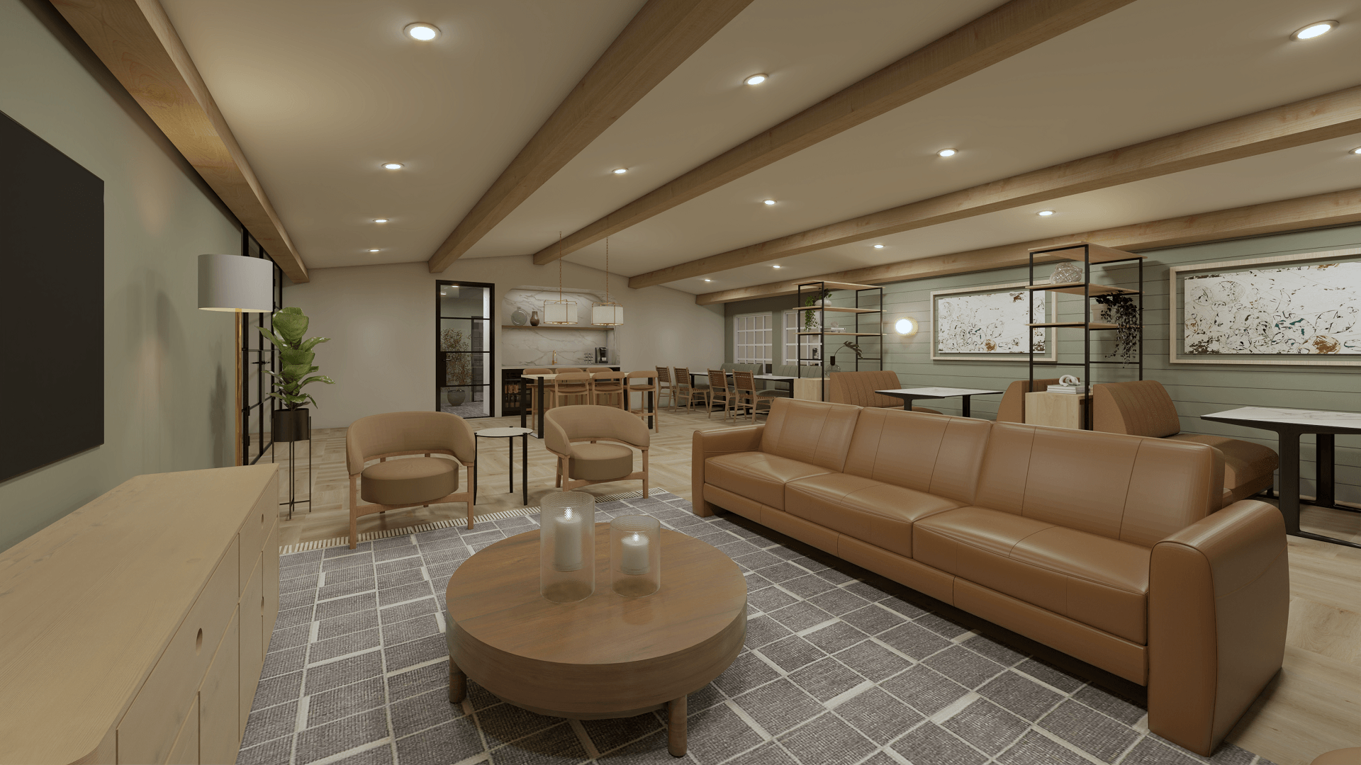 A modern living room with a brown leather sofa and a wooden coffee table.