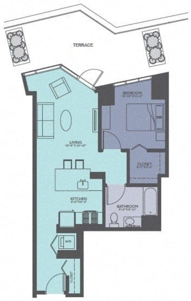 Rendering of the 1 Bedroom 01-Tower/Terrace floor plan with 1 bedroom[s] and 1 bathroom[s] at Moment