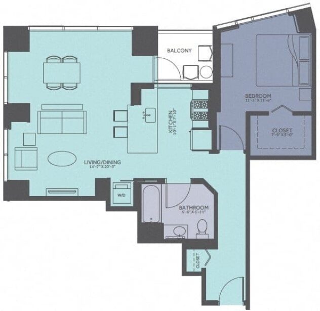 Rendering of the 1 Bedroom 03-Tower floor plan with 1 bedroom[s] and 1 bathroom[s] at Moment