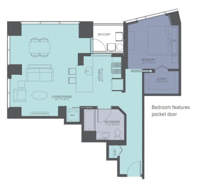 Rendering of the 1 Bedroom 03-Tower A floor plan with 1 bedroom[s] and 1 bathroom[s] at Moment