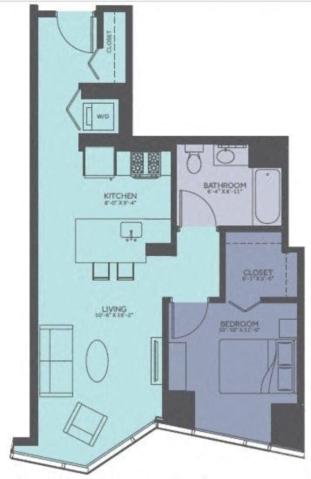 Rendering of the 1 Bedroom 05-Avenue/02 Tower floor plan with 1 bedroom[s] and 1 bathroom[s] at Moment