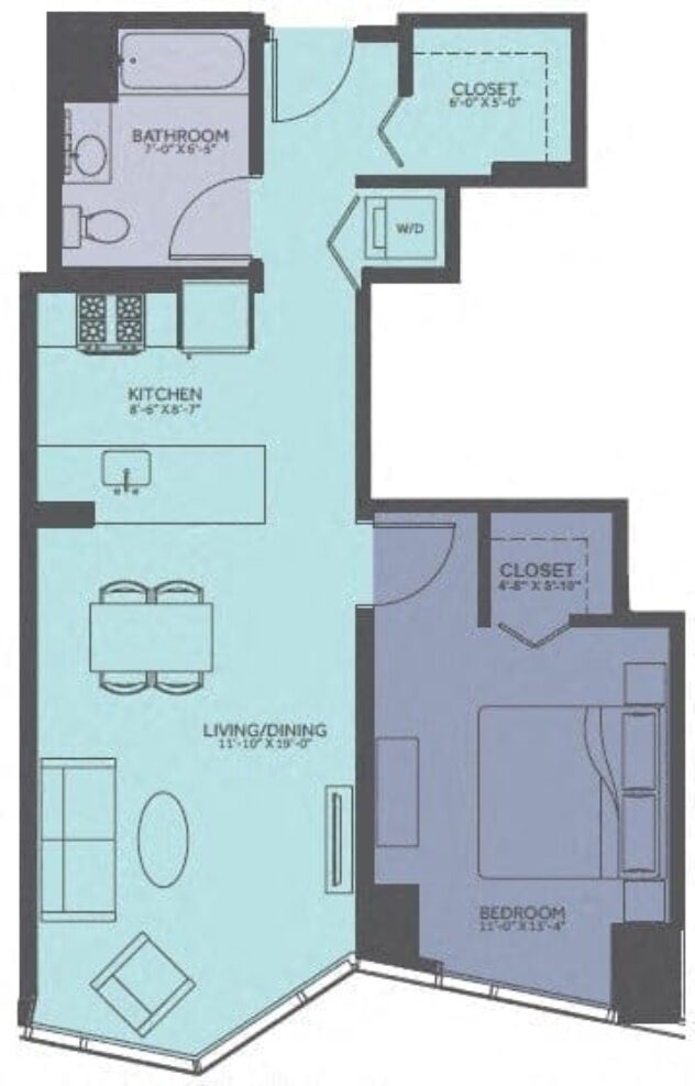 Rendering of the 1 Bedroom 08-Avenue floor plan with 1 bedroom[s] and 1 bathroom[s] at Moment