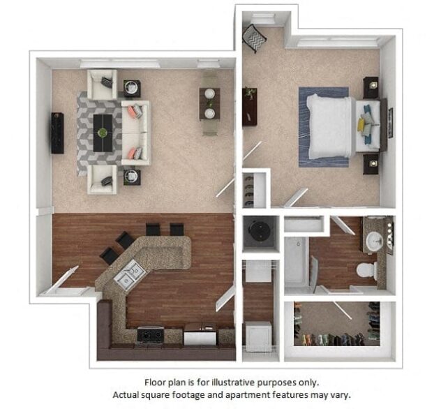 Rendering of the 13A floor plan with 1 bedroom[s] and 1 bathroom[s] at The District