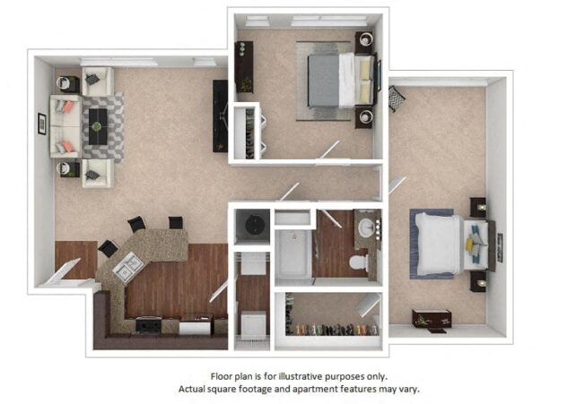 Rendering of the 13C floor plan with 2 bedroom[s] and 1 bathroom[s] at The District