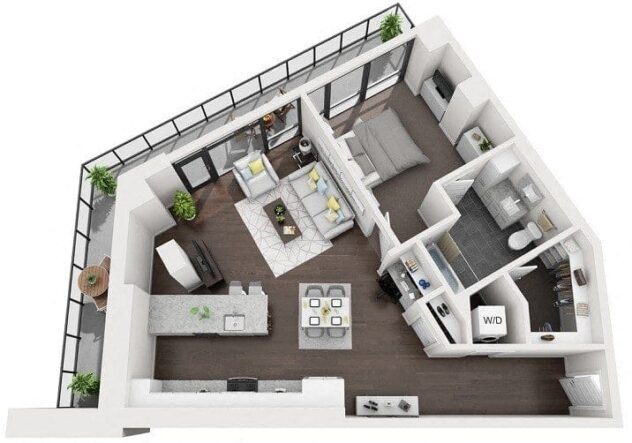 Rendering of the 1A floor plan with 1 bedroom[s] and 1 bathroom[s] at 1000 Speer By Windsor