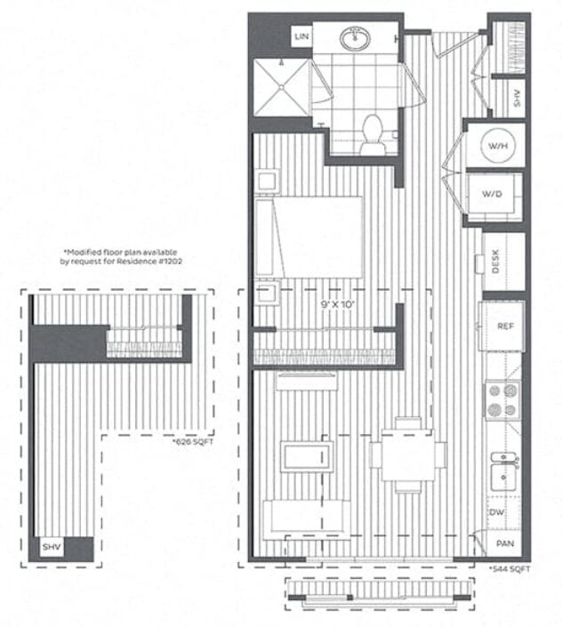 Rendering of the 1A floor plan with a Studio bedroom and 1 bathroom[s] at Platt Park by Windsor