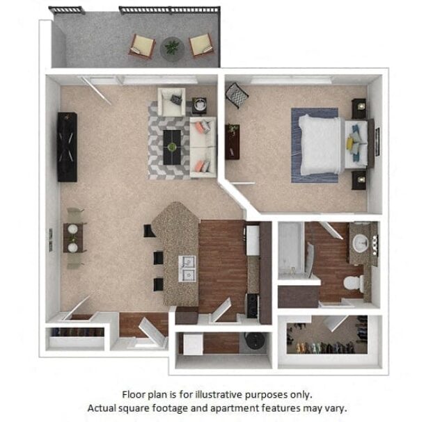 Rendering of the 1A floor plan with 1 bedroom[s] and 1 bathroom[s] at The District