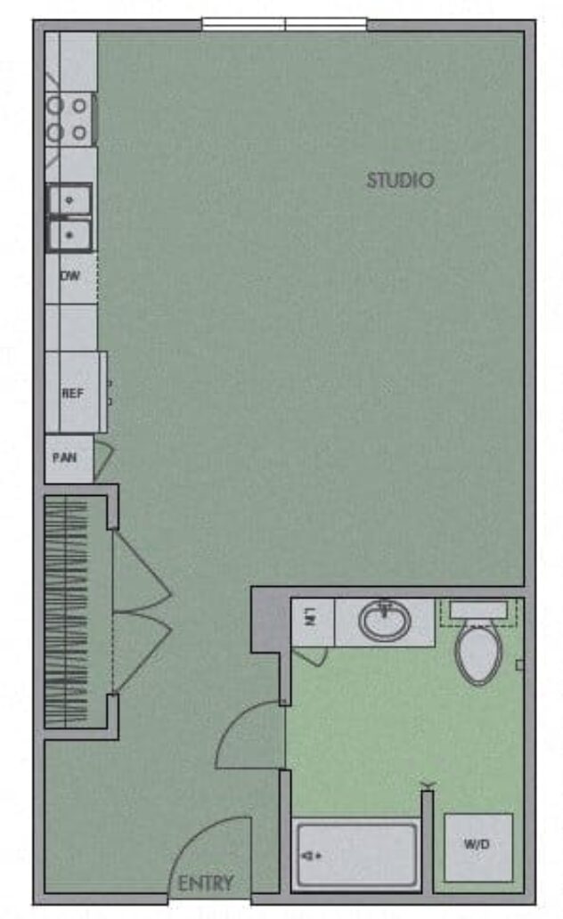 Rendering of the 1A1 floor plan with a Studio bedroom and 1 bathroom[s] at Olympic by Windsor