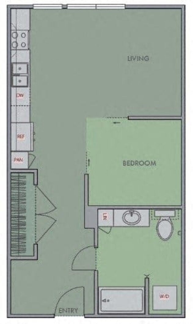 Rendering of the 1A2 floor plan with a Studio bedroom and 1 bathroom[s] at Olympic by Windsor