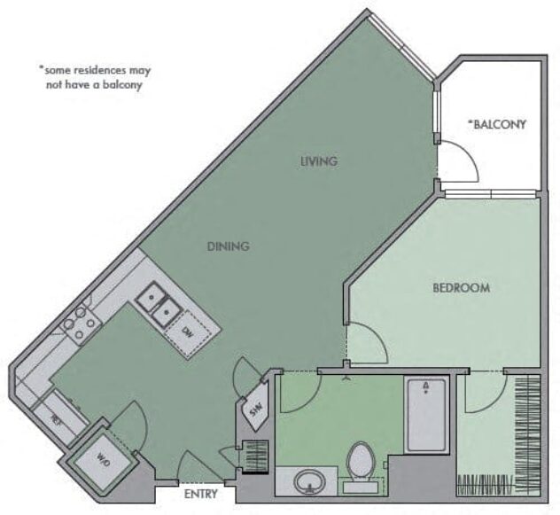 Rendering of the 1A3 floor plan with 1 bedroom[s] and 1 bathroom[s] at Olympic by Windsor