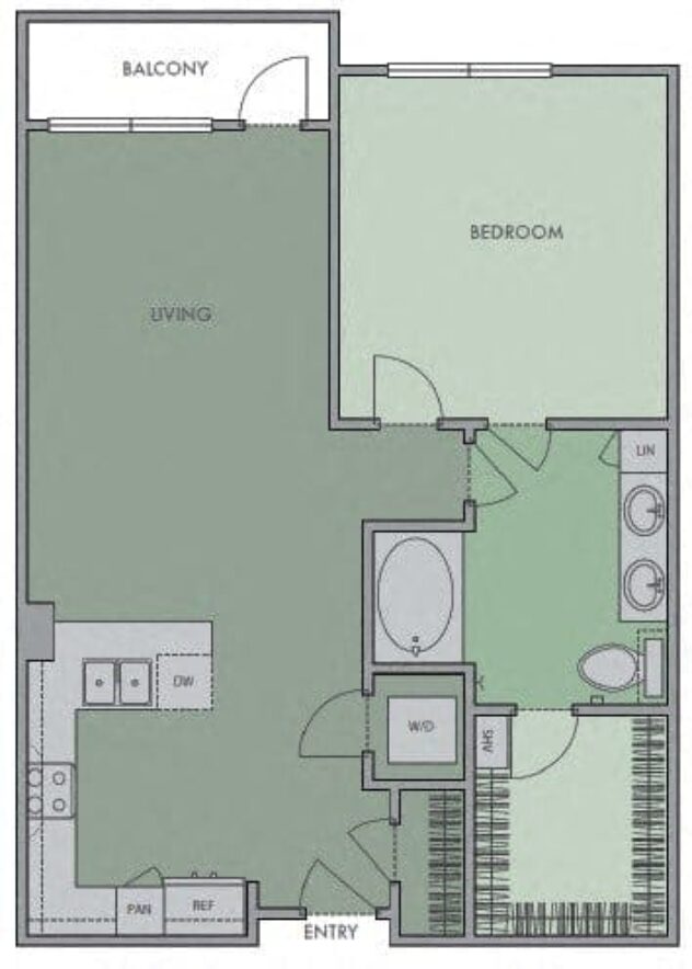 Rendering of the 1A5 floor plan with 1 bedroom[s] and 1 bathroom[s] at Olympic by Windsor