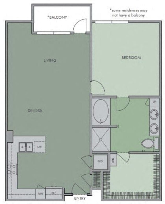 Rendering of the 1A7 floor plan with 1 bedroom[s] and 1 bathroom[s] at Olympic by Windsor