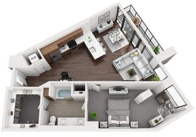 Rendering of the 1B floor plan with 1 bedroom[s] and 1 bathroom[s] at 1000 Speer By Windsor