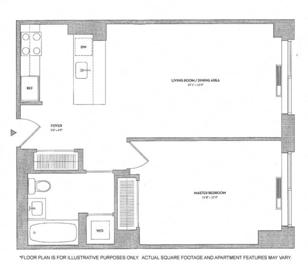 Rendering of the 1BR 1Bth - 1 floor plan with 1 bedroom[s] and 1 bathroom[s] at The Ashley