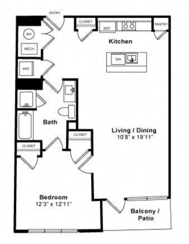 Rendering of the 1C floor plan with 1 bedroom[s] and 1 bathroom[s] at IO Piazza by Windsor