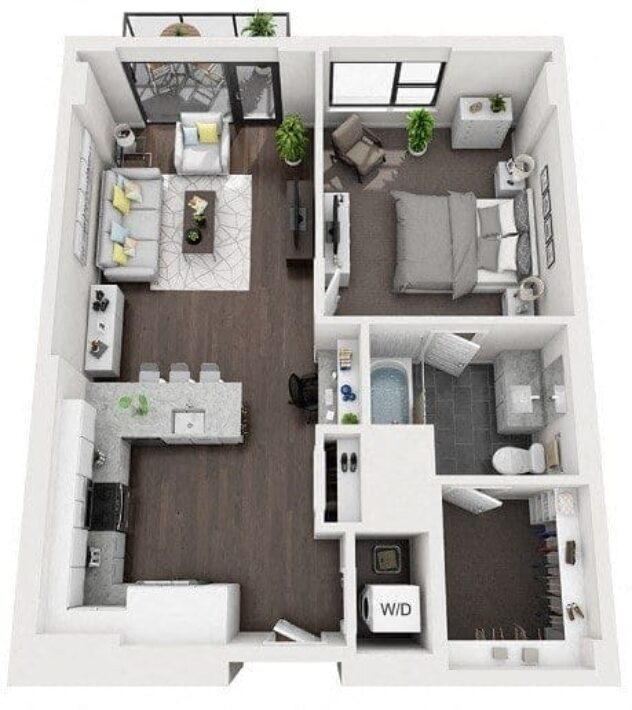 Rendering of the 1D floor plan with 1 bedroom[s] and 1 bathroom[s] at 1000 Speer By Windsor