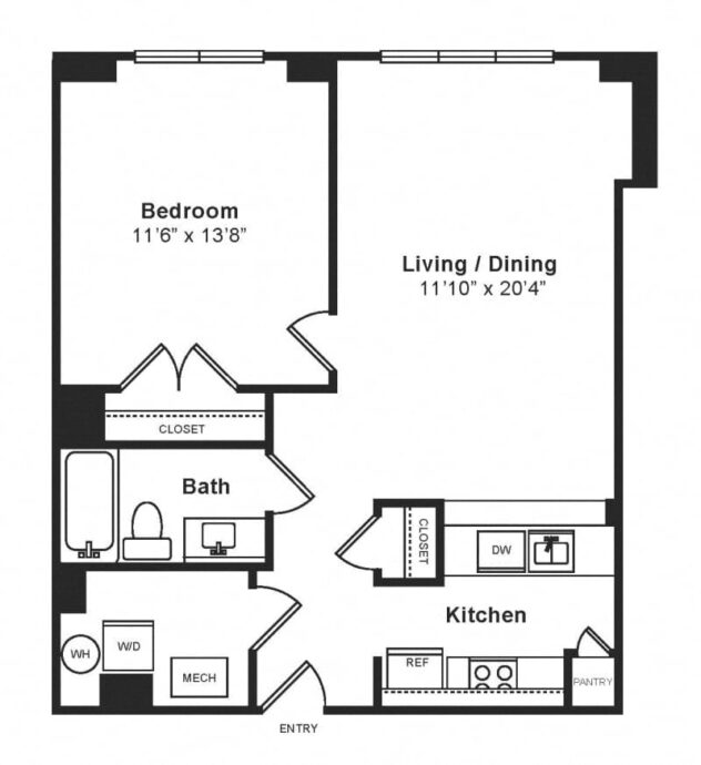 Rendering of the 1D floor plan with 1 bedroom[s] and 1 bathroom[s] at IO Piazza by Windsor