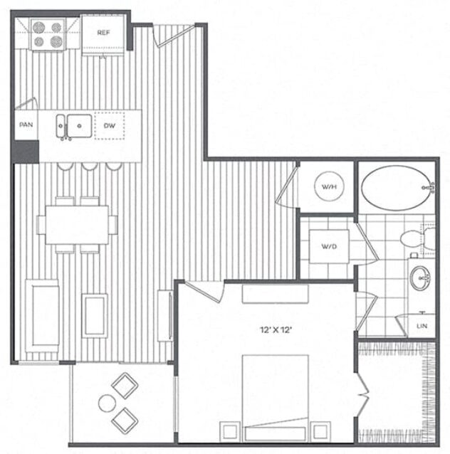 Rendering of the 1D floor plan with 1 bedroom[s] and 1 bathroom[s] at Platt Park by Windsor