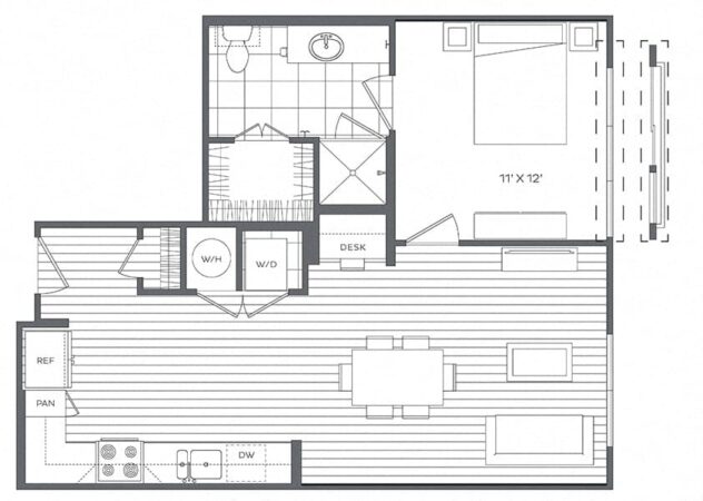 Rendering of the 1E floor plan with 1 bedroom[s] and 1 bathroom[s] at Platt Park by Windsor