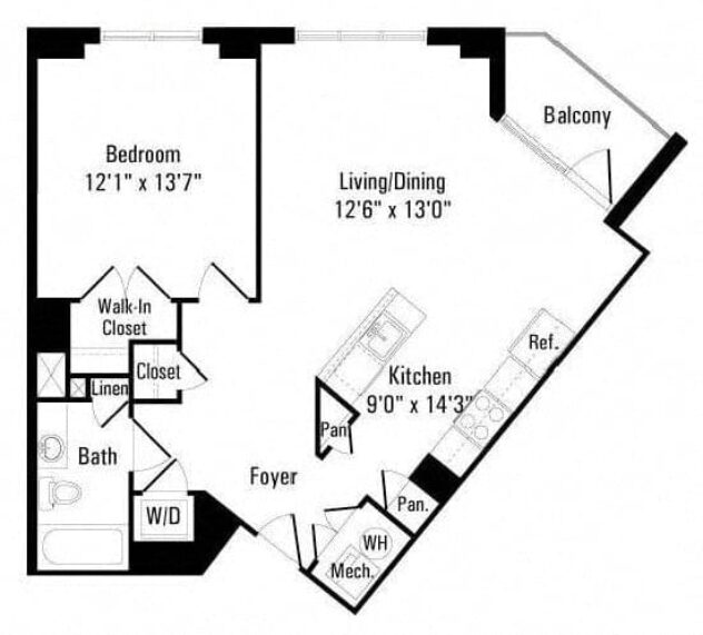 Rendering of the 1F floor plan with 1 bedroom[s] and 1 bathroom[s] at IO Piazza by Windsor