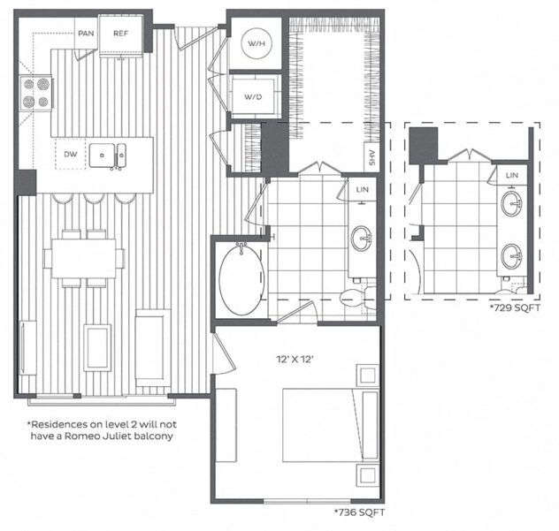 Rendering of the 1F floor plan with 1 bedroom[s] and 1 bathroom[s] at Platt Park by Windsor