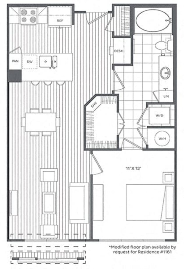 Rendering of the 1G floor plan with 1 bedroom[s] and 1 bathroom[s] at Platt Park by Windsor