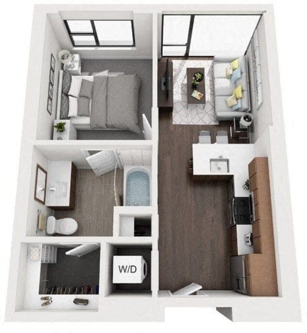 Rendering of the 1H floor plan with 1 bedroom[s] and 1 bathroom[s] at 1000 Speer By Windsor